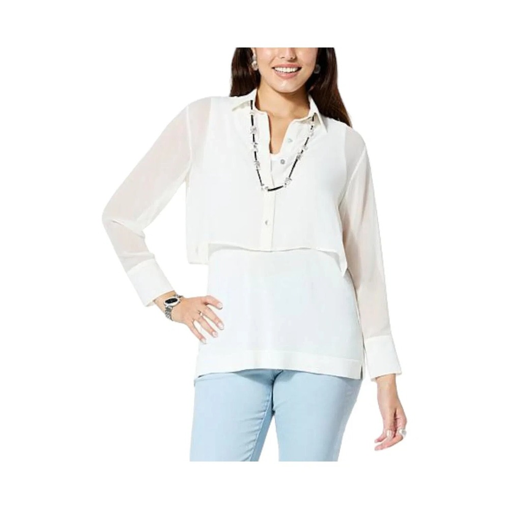 WynneLayers Long-Sleeve Chiffon Shirt Jacket Creme Fraiche White 2X A000768